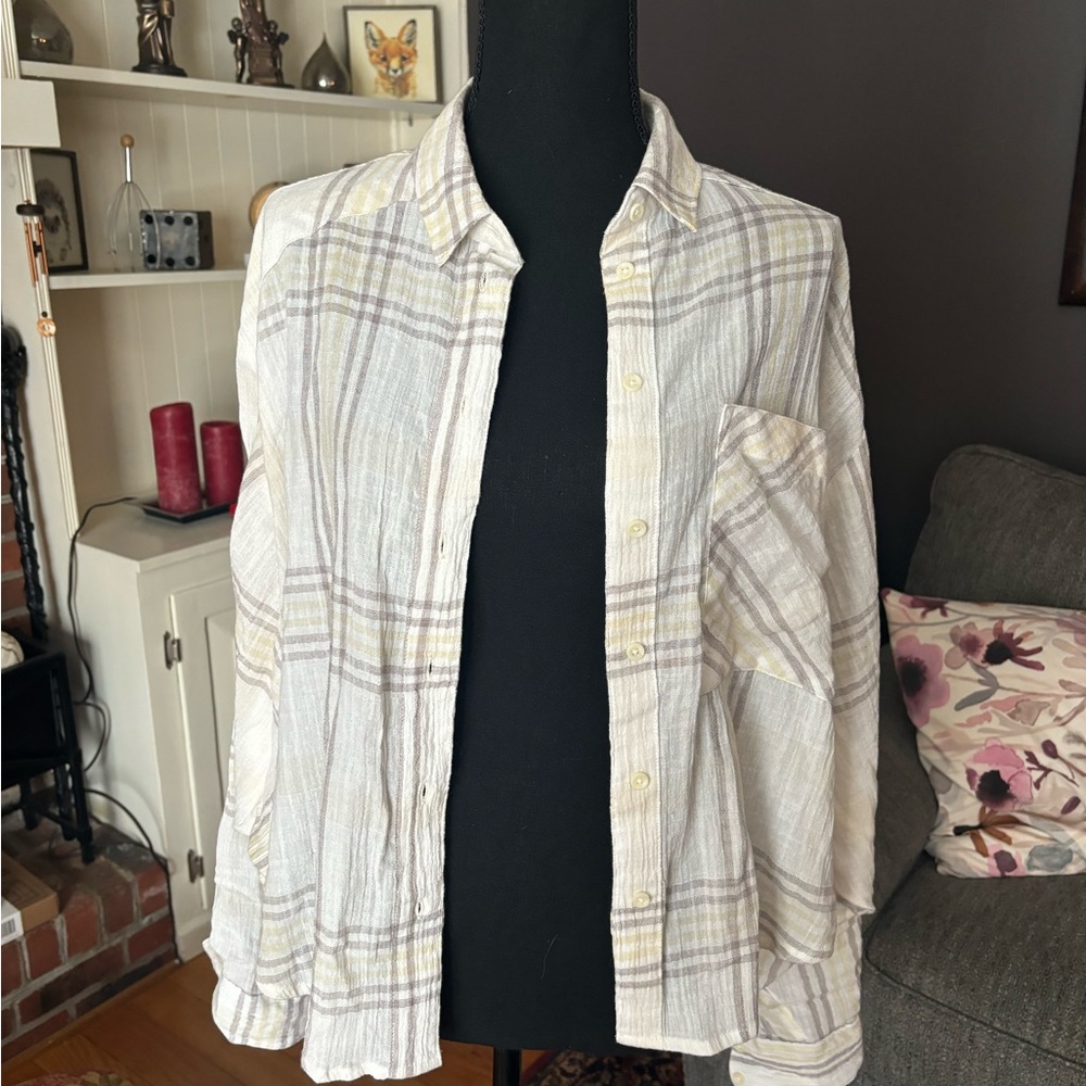 Free People Plaid Button Down Shirt - Cream and Gray
